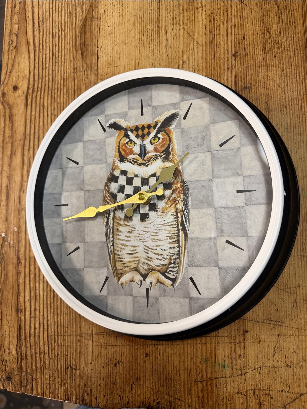 MacKenzie child’s Sterling check owl clock